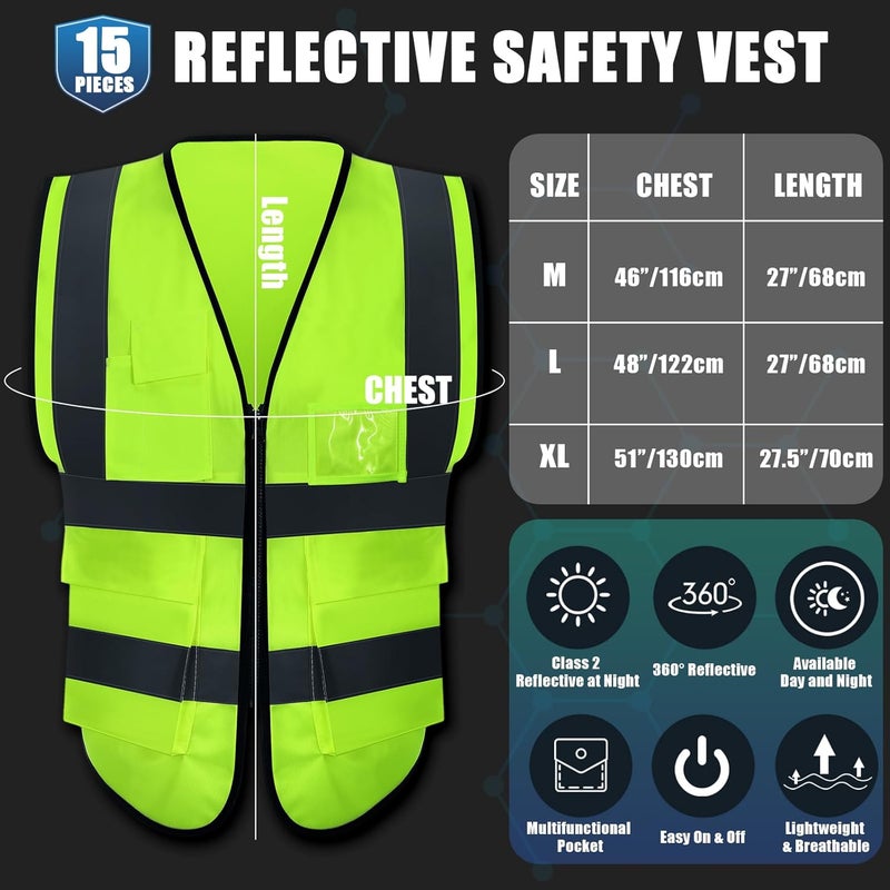 JaGely 15 Pack Reflective Safety Vests with Pockets and Zipper Construction Work High Visibility Vest for Men Women(Medium,Fluorescent Green) - Image 2